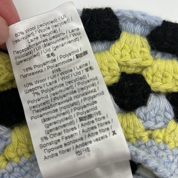 Ganni Recycled Wool Crochet Beret Hat Style A4210 Black Grey Yellow - Picture 10 of 12